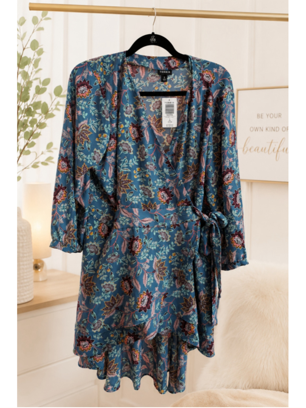 Torrid Blue Floral Faux Wrap Ruffle Hem Long Sleeve Dress Tunic NWT Size 2X